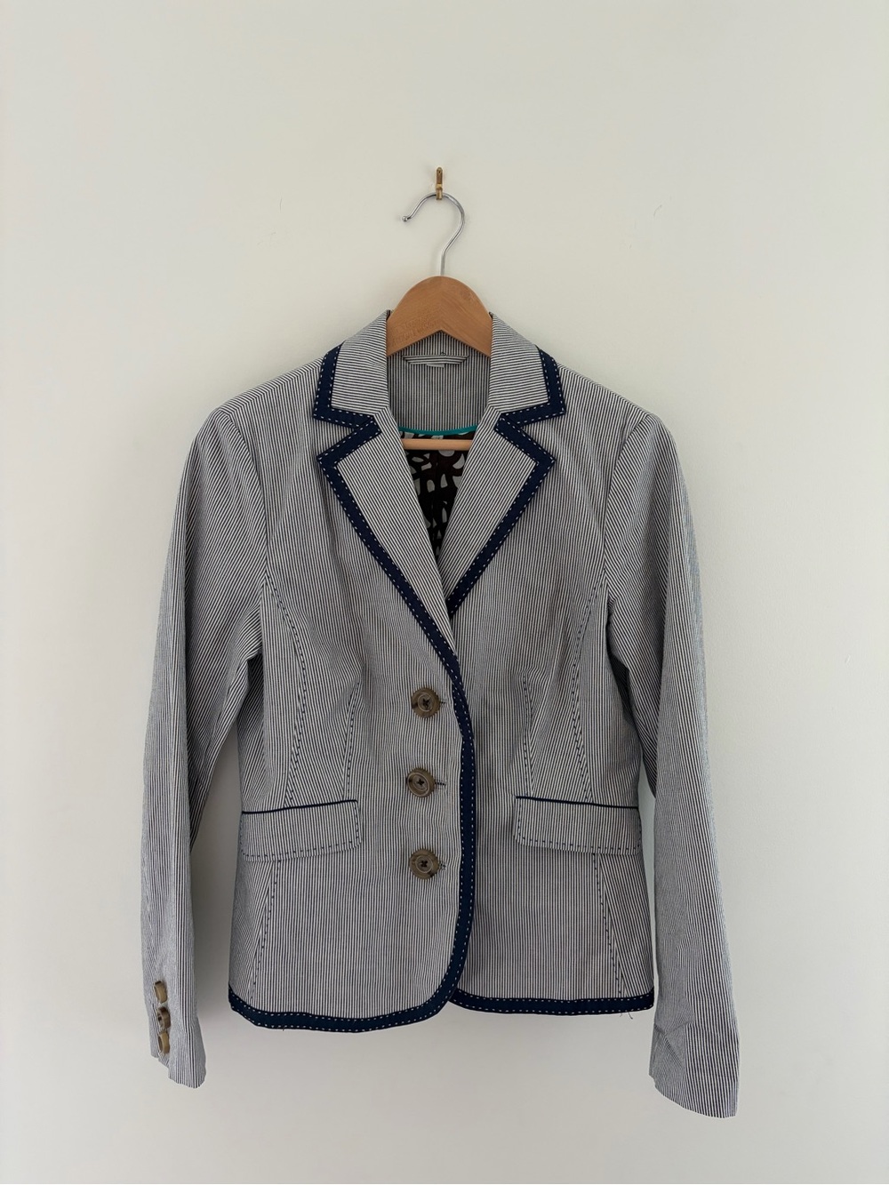 Boden Pinestriped Blue Blazer with Navy Trim, US 8 - Picture 3 of 13